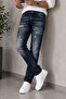 Special Washed Ripped Detailed Slim Fit Narrow Leg Lycra Jeans Premium Design Stretchy Jean Ct1215-Navy Blue - 8
