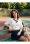 Retro V-Neck Short Sleeve Knitwear Top Women White - Black - 3