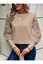 Timeless Elegance Women's Crew Neck Lace Floral Sleeve Detailed Waffle Blouse - 2