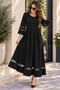 Timeless Elegance - Women's Tulle Stripe Sleeve Detailed Round Neck Long Crepe Dress - 3