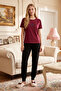 Women's Short Sleeve Combed Cotton Cuffed Elastic Detail Pajama Set 3397 Claret Red - 4