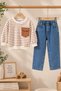 Children's Beige Striped Crew Neck Top and Cuffed Trousers Set with Pocket Detail - 2