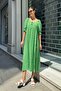Natural Viscose Slit Gathered Patterned Long Green Dress - 2