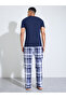 Navy Blue Printed T-Shirt And Checked Straight Leg Pants Pyjama Set - 6