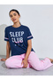 Multi-Color Slogan Print Short Sleeves T-Shirt And Wide Leg Pants Pyjama Set