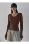 Brown Ribbed Long-Sleeve Top - 4