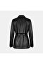 Women's Black Belted Double Layered Leather Trench Coat with Vest - 3