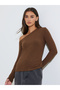 Brown Asymmetric Neck Knit Top - 2