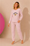 Waffle Knitted Long Sleeve Round Neck Cuff Detailed Embroidered Women's Pajama Set - 2