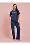 Navy Blue Graphic Print T-Shirt And Solid Straight Leg Pants Pyjama Set