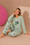 Waffle Knitted Long Sleeve Round Neck Embroidery Detailed Women's Pajama Set