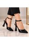 Women's Black Patent Leather Stylish Heeled Shoes with Back Strap 7 cm