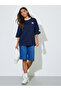Navy Blue Solid Patchwork 3/4 Sleeves Oversized T-Shirt - 2