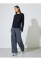 Black Solid Gathered Waist Long Sleeves T-Shirt With Side Slit - 2
