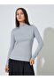 Grey Solid High Neck Ribbed Fitted Top - 3