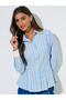 Blue Striped Contrast Trims Pleated Details Fitted Shirt
