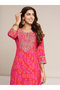 Pink Embroidered, Printed Silk Blend Straight Kurta, Pants And Dupatta Set - 6