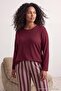 Bordo Çizgili Bisiklet Yaka Örme Büyük Beden Pijama Takımı TBBAW26AI00014 - 2