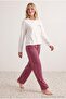 Bordo-Beyaz Çizgili Pamuklu Yumuşak Tuşe Likralı Örme Pijama Takımı THMAW27PT00223 - 5