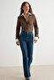 Premium Koyu Mavi Orta Esnek Normal Bel Flare İspanyol Paça Jeans TWOAW27JE00196