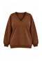 Brown V-Neck Basic Fleece Lined Oversized Sweatshirt Tbbaw26Ao00012