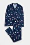 Navy Blue Regular Christmas Themed 100% Cotton Knitted Pajama Set Tmnaw27Pt00045