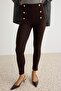Brown Button Detailed Cotton Tuck Fabric Knitted Leggings Twoaw27Ta00007 - 3