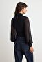 Black Tulle Sleeve Detailed High Neck Snap Fastening Stretch Knitted Bodysuit Twoaw27Bd00006 - 4