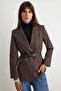 Brown Belted Striped Comfortable Fit Blazer Jacket Twoaw27Bc00061 - 2