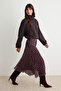 Kahverengi Midi Büzgü/Drape Detaylı Boho/Boho Chic Basklılı Tül Esnek Örme Etek TWOAW26ET00122 - 2