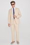 Men's Beige Knitted Slim Fit Mono Collar Belted Flexible Suit with Flap Pockets - 6