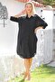 Black Shirt Collar Buttoned Long Sleeve Pocket Peacock Embroidered Cotton Woven Casual Dress - 7