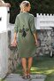 Khaki Shirt Collar Buttoned Long Sleeve Pocket Peacock Embroidered Cotton Woven Casual Dress - 2