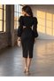 Crepe fabric low-cut design princess sleeve slit women's midi dress 582341 black - 4