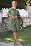 Khaki Shirt Collar Buttoned Long Sleeve Pocket Peacock Embroidered Cotton Woven Casual Dress - 4