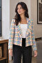 Women's Blue-Yellow Double Breasted Collar Tweed Crop Jacket Arm-24K 001014