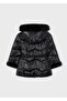Girl's Fur Decorated Hooded Belted Shiny Long Coat 4448 Black - 2