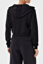 3D Peony Women's Black Jacquard Hooded Zipper Crop Sweatshirt - 3