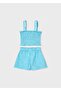 Girl's Honeycomb Patterned Suspender Pocket Detailed 2-Piece Shorts Set 3232 Turquoise - 2