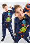 Boys' Winter Planet Patterned Cotton Navy Blue Long Sleeve 2-Piece Tracksuit Set 5-10 Years Old