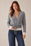 Women's Gray Crew Neck Cardigan with Drawstring Waist and Lace Detail