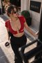 Women's Burgundy Colored Crop Top with Front Loop and Stripes - 4