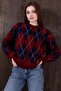 Burgundy Navy Blue Diamond Pattern Crew Neck Oversize Women's Knitwear Sweater