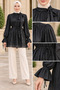 Flounced Sleeve Janjan Evening Dress Blouse-Black - 4