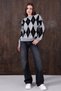 Gray Black Diamond Pattern Crew Neck Oversize Knitwear Women's Sweater - 4