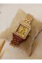 Minimal Square Design with Stones, Gold Color Case, Gold Color Dial, Clip-On Opening and Closing Strap