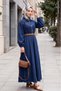 Half-Buttoned, Elasticated Sleeve, Belted Denim Dress - Navy - 3