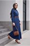 Baby Collar Half Zipper Pearl Detailed Belted Denim Dress -Laci - 4