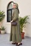 V-Neck Half-Buttoned Piece Muslin Dress with Elastic Sleeves -Khaki - 4