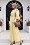 Lace Detailed Spanish Sleeve Lined Belted Tulle Voile Skirt Set - Yellow - 5